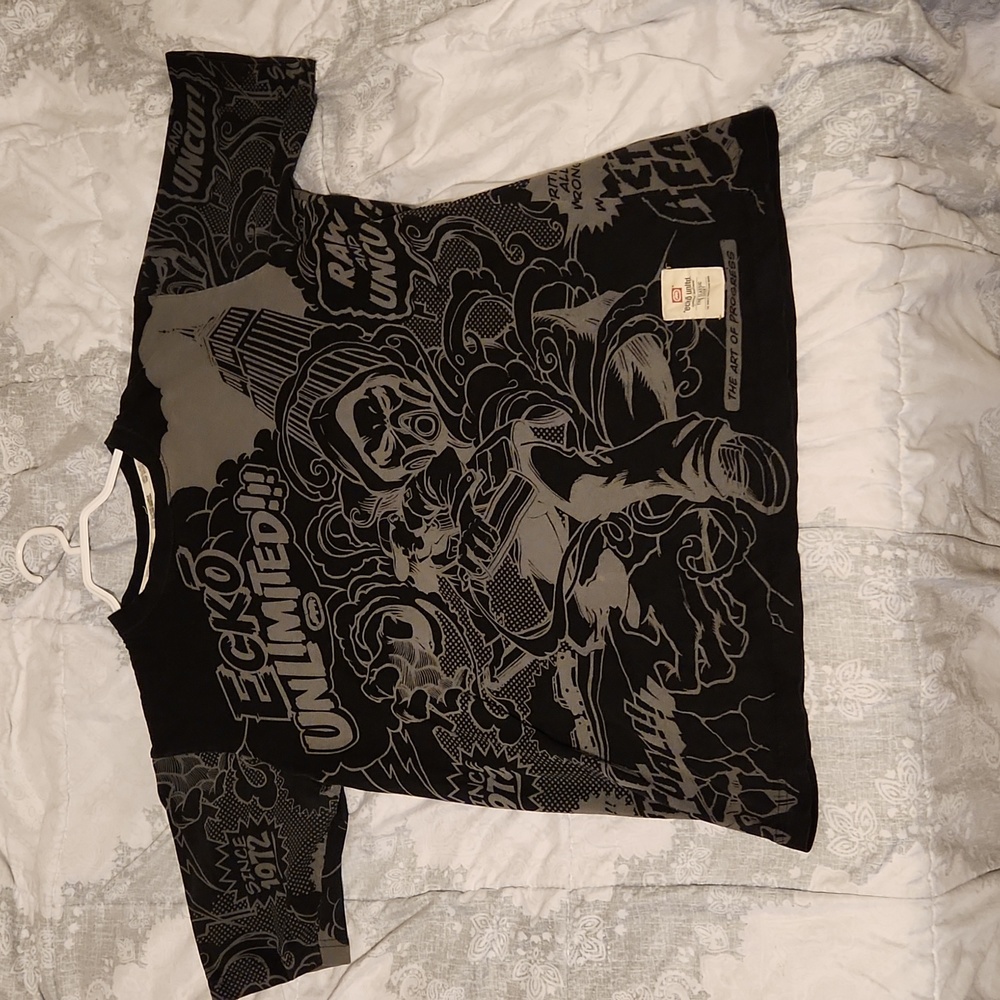 Ecko Unlimited Full Graphic AOP Grafitti T-Shirt Vintage Y2K Black And Gray